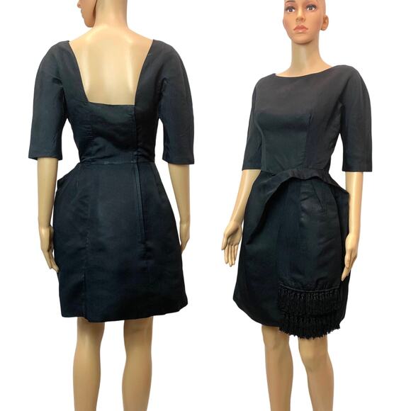 60s Black Cocktail Dress | Mid Century MOD Sash Fringe Accent  XS - Picture 2 of 9